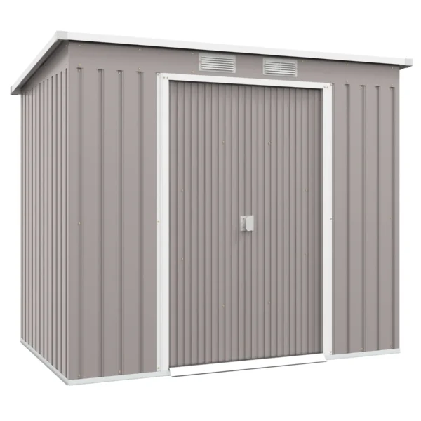 Tool Shed with Sloped Roof, 2 Entrances and Air Intakes, in Galvanized Steel, 213x130x172 cm, Gray