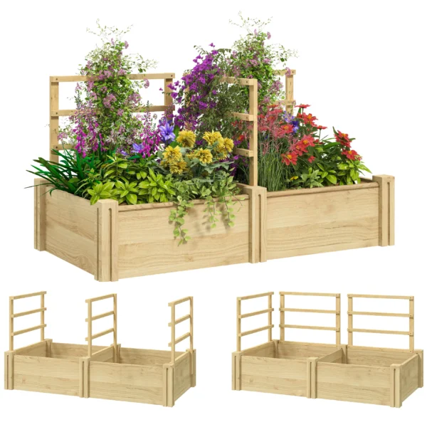 Garden Bed with 3 Trellis and 2 Fir Wood Planters with Open Bottom, 119x62.5x64 cm, Wood Color