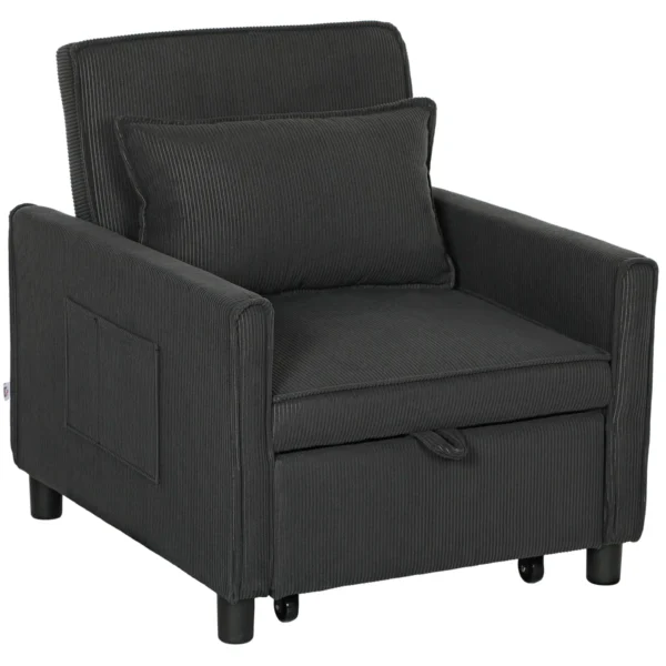 Reclining Armchair Bed with Side Pockets, in Velvet Effect Fabric, 74x84x81 cm, Dark Gray