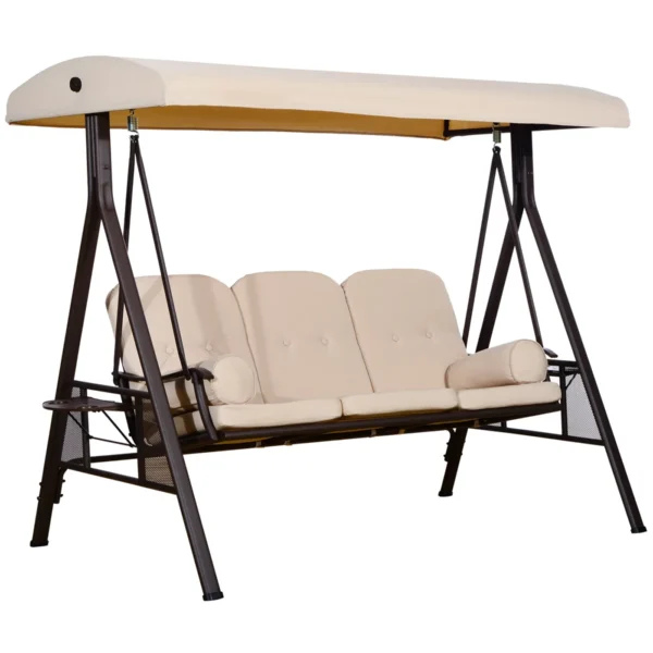 3-Seater Swing with Adjustable Roof, Cup Holder and Cushions, in Metal and Polyester, 208x121x172 cm, Beige
