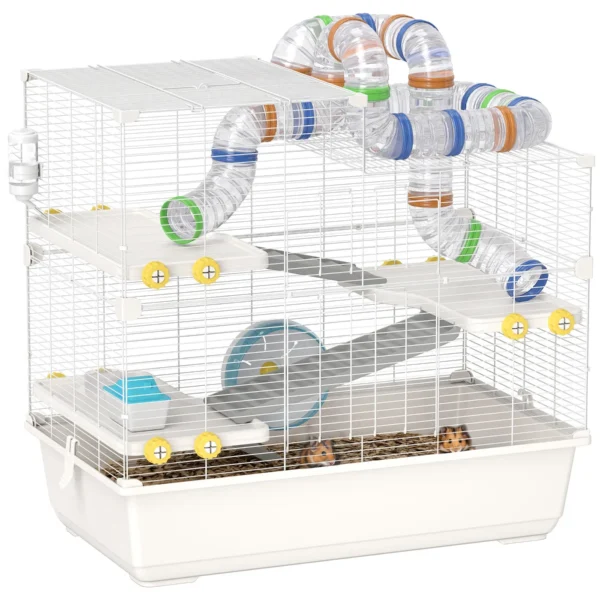 4-Tier Hamster Cage with Tubes, Wheel, 3 Doors and Tray, in Metal, PP and PS, 78x45x73 cm, White