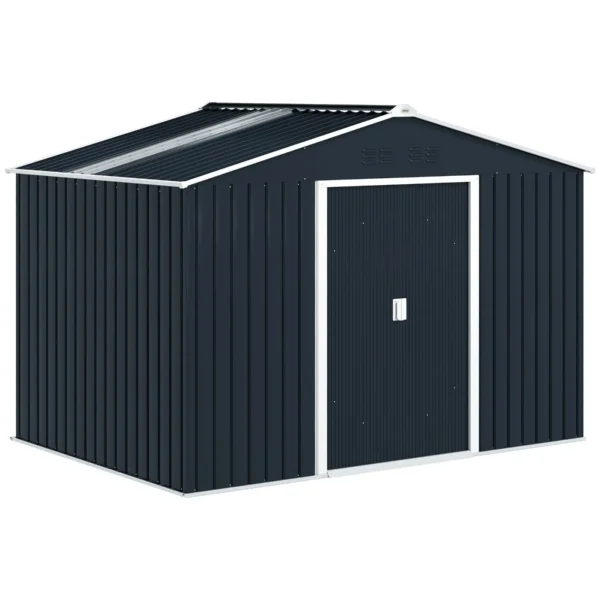 Steel Tool Shed with Sloped Roof and 2 Sliding Doors, 277x195x192 cm, Dark Grey