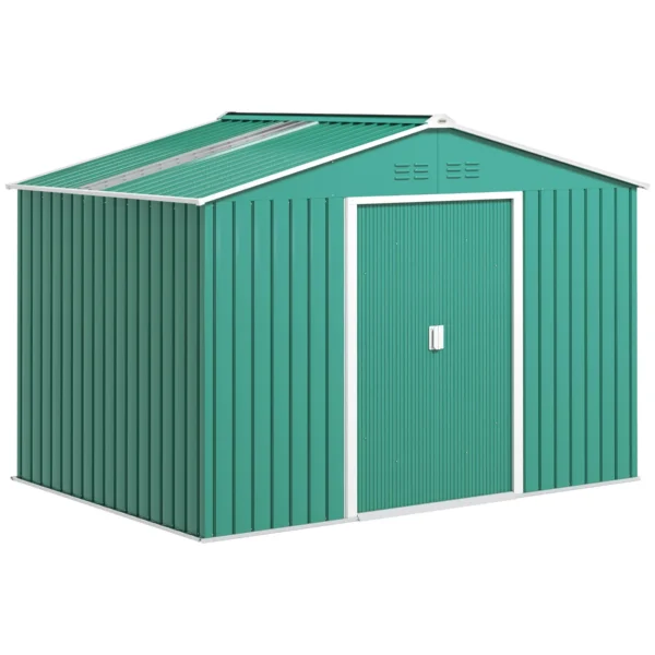 Steel Tool Shed with Sloped Roof and 2 Sliding Doors, 277x195x192 cm, Dark Green