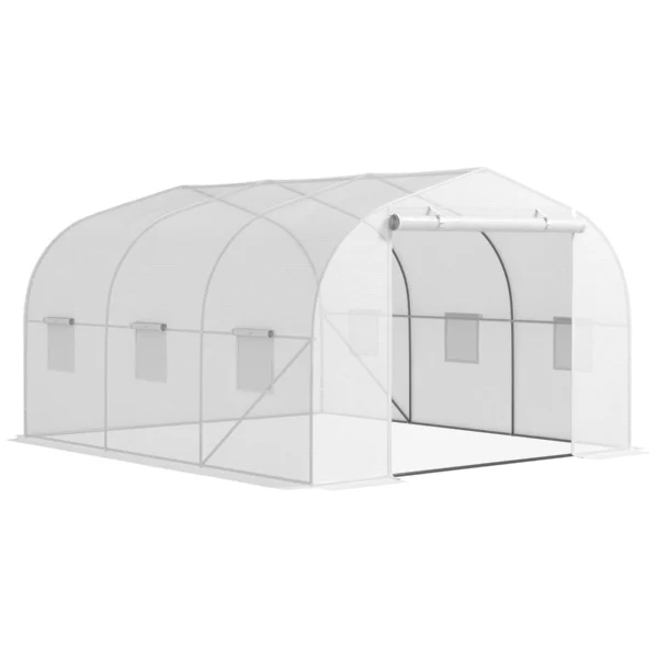 Garden Tunnel Greenhouse with 6 Windows and Roller Door, Steel and PE, 3.5x3x2 m, White