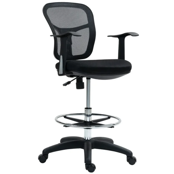 Swivel Chair with Footrest Ring and Curved Backrest, in Polyester, Foam and Plastic, 55x58x94 cm, Black
