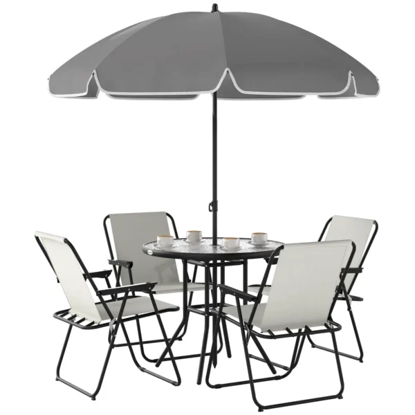 6 Piece Steel Garden Set with 4 Folding Chairs, Umbrella and Round Table, Cream, Grey and Black