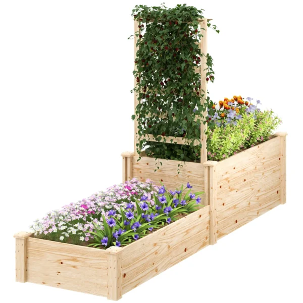 Raised Planter with Trellis for Climbing Plants and Divider, in Fir Wood, 222x63x132 cm, Wood Color