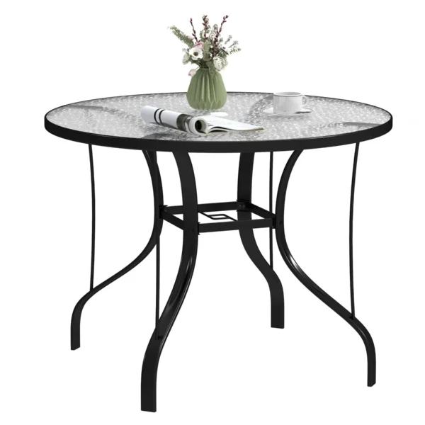Round Garden Table with Umbrella Hole, in Metal and Tempered Glass, Ø96.5x71 cm, Black