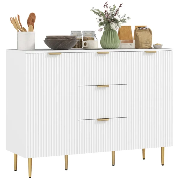 Modern Sideboard with 3 Drawers, 2 Cabinets and Adjustable Shelves, Wood and Metal, White