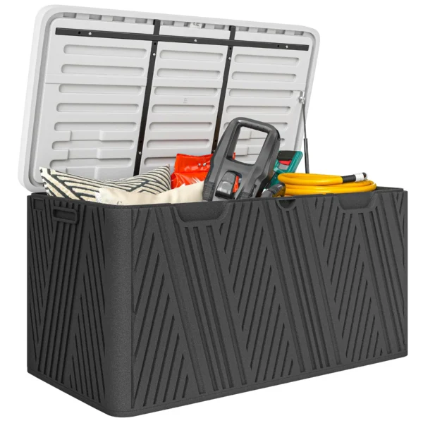 380L Storage Bench in HDPE with 2 Side Handles and Gas Lever, 115x60x60 cm, Black and Gray