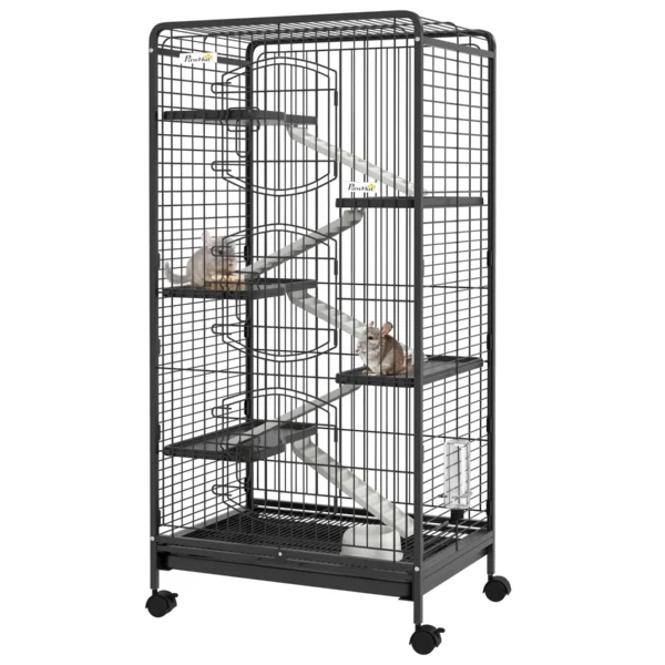 Small Animal Cage with Wheels, 5 Ramps and 5 Platforms, Bowl and Bottle, 61.5x44x131 cm, Black