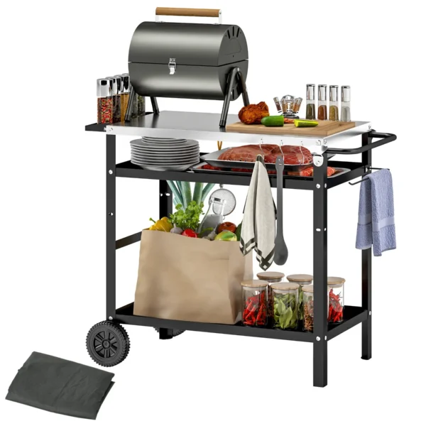 Barbecue Cart with Steel Top and Adjustable Shelf, Wheels and Hooks, 100x52x80 cm, Black