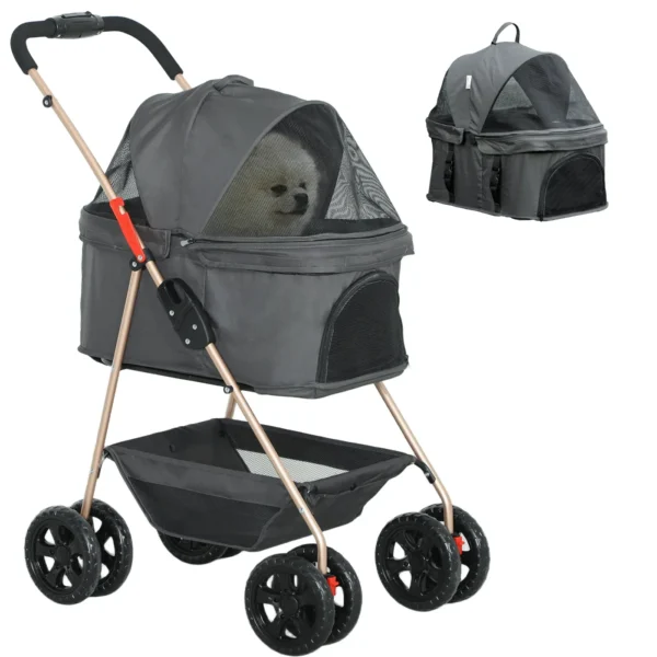 3 in 1 Foldable Dog Stroller with Carrying Bag and Bottom Basket, Gray