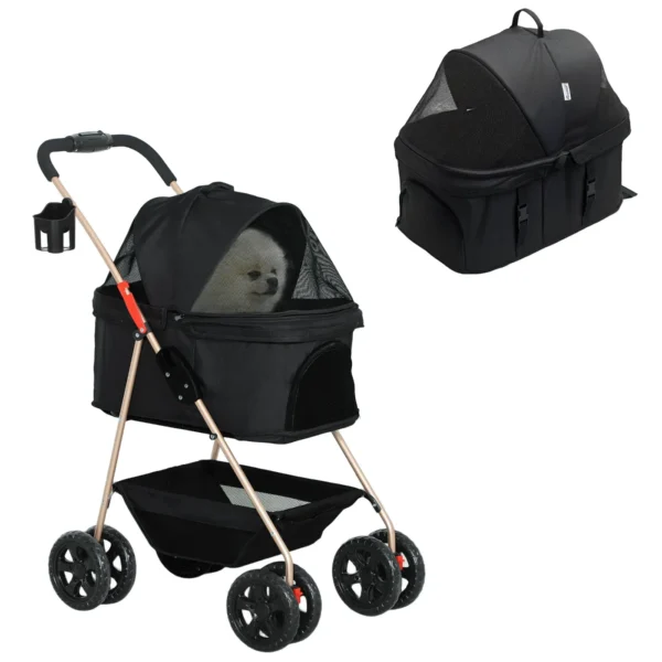 3 in 1 Foldable Dog Stroller with Carrying Bag and Bottom Basket, Black