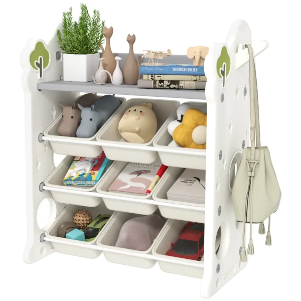 4-Tier Toy Storage Rack with 9 Bins and Side Hook, HDPE, 77x42x94 cm, Cream White