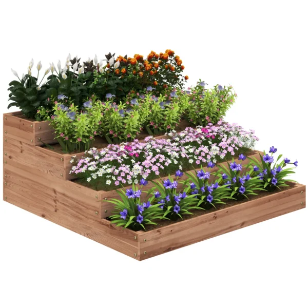 4-Level Raised Garden Bed in Fir Wood with Open Bottom, 113x113x46 cm, Brown