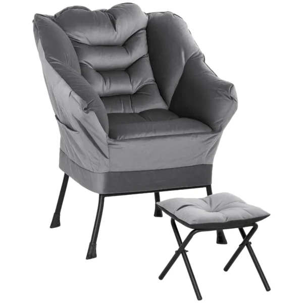 Modern Armchair with Footrest and 2 Side Pockets, in Velvet Effect Fabric and Steel, 80x78x100 cm, Gray