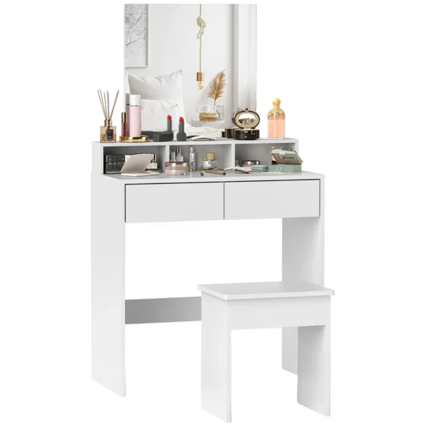 Makeup Table with Mirror, 3 Shelves, 2 Drawers and Stool, in Wood, 75x38x135 cm, White