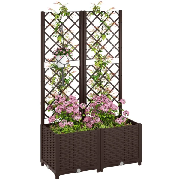 Raised Planter with Trellis for Climbing and 8 Drainage Holes in PP, 80x40x135 cm, Brown