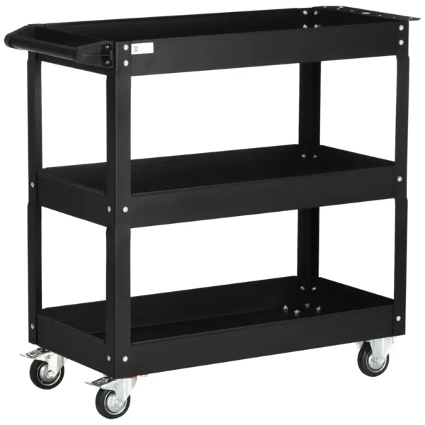 3-Tier Steel Tool Cart with High Edges and 4 Swivel Wheels, 83x35.3x76 cm, Black