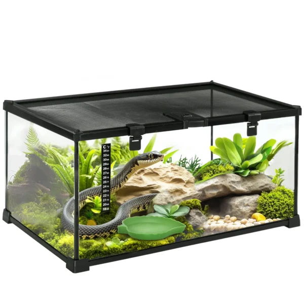 Raised Terrarium for Reptiles with Lock and Thermometer, in Glass and Metal Mesh, 50x30x25 cm, Black