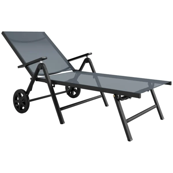Folding and Reclining Deckchair in 5 Positions with Wheels, in Metal and Textilene, 72x158x84 cm, Gray