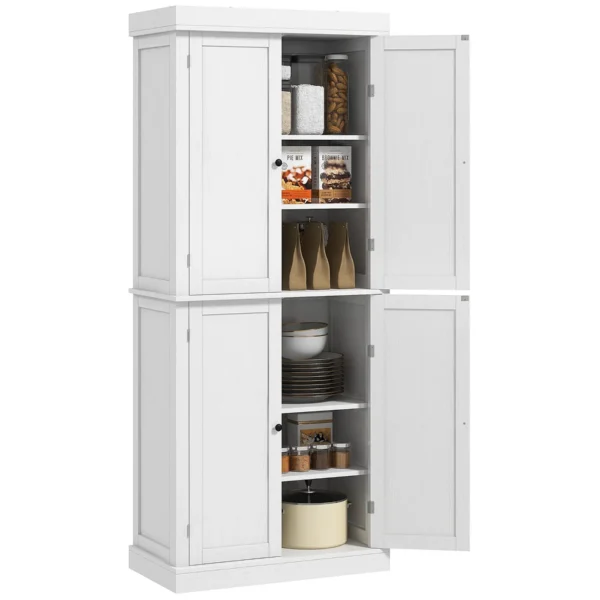 High Kitchen Cabinet with 6 Adjustable Shelves and 2 Wooden Doors, 76x40.5x184 cm, White