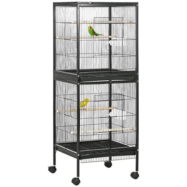 Indoor Bird Aviary Cage with Wheels and Removable Trays, 51.5x50x140 cm, Black
