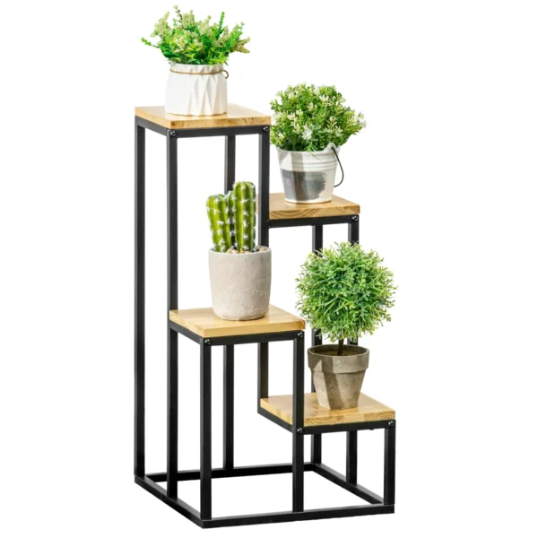 4-Tier Metal and Wood Plant Shelf for Indoor and Outdoor, 34x34x66cm