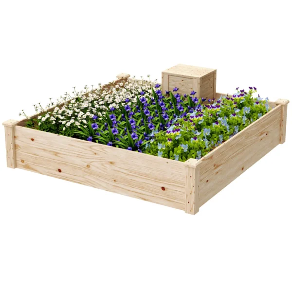 Outdoor Planter in Fir Wood with Composter and Open Bottom, 123x123x25.5 cm, Wood color