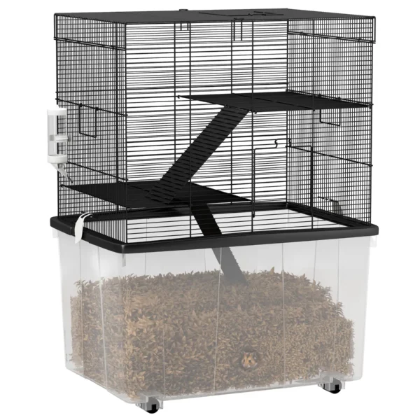 Hamster Cage 3 Floors with Wheels, 2 Platforms, Ramps, Bowl and Bottle, 58x43x74 cm, Black