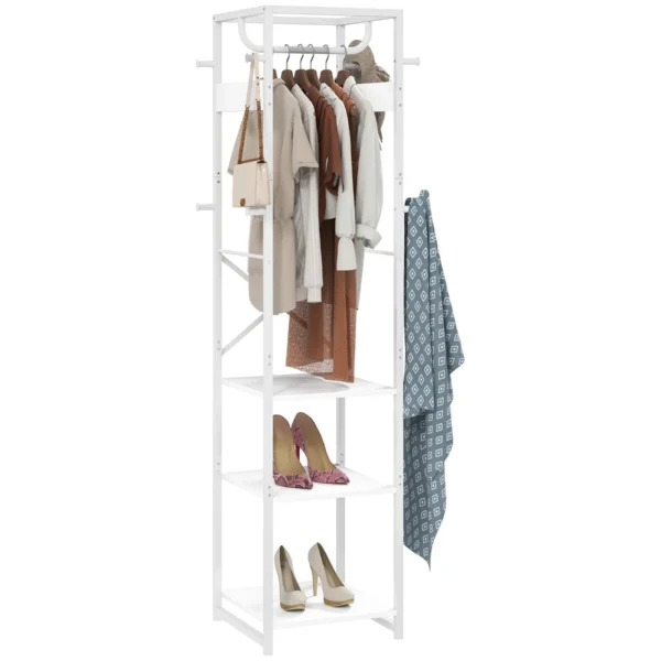 Floor Coat Hanger with Rod and 2 Open Shelves, in Wood and Steel, 38.5x30x170 cm, White and Wood Color