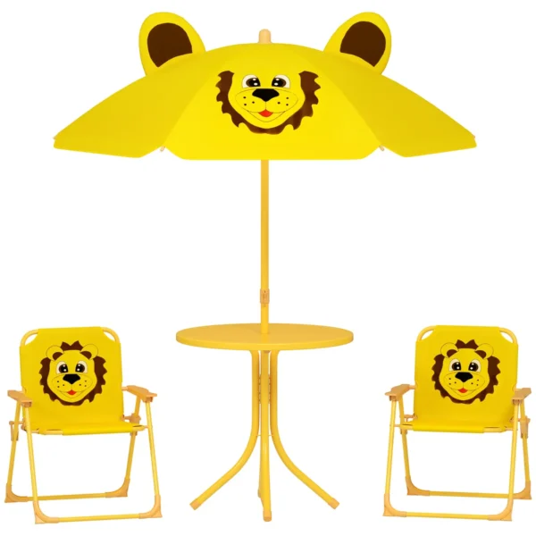 Garden Set for Children 2-5 Years with Round Table, 2 Folding Chairs and a Umbrella, Yellow