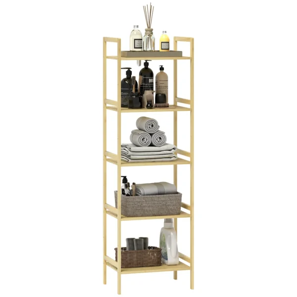 Bathroom Shelf with 5 Height-Adjustable Shelves in Bamboo, 43.5x31.5x142 cm, Natural Wood
