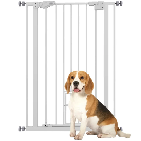Tall Adjustable Dog Gate with Small Door and Automatic Closing, 74-80x104cm, White