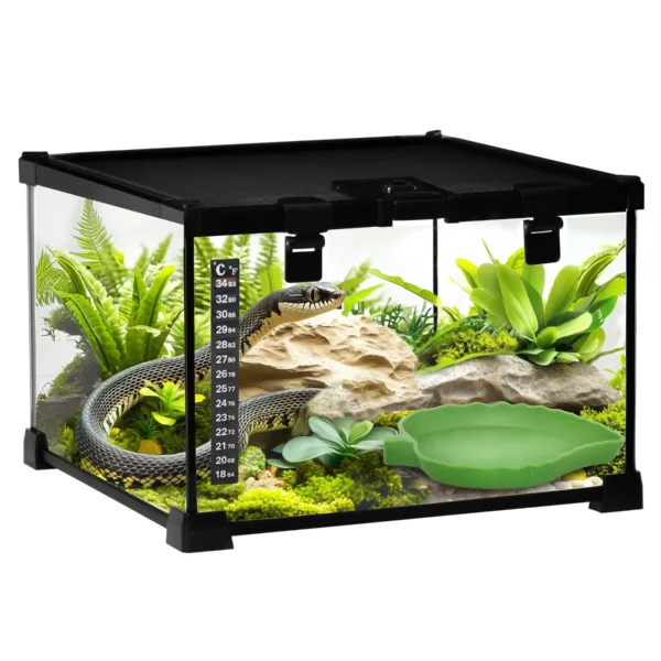 Raised Terrarium for Reptiles with Lock and Thermometer, in Glass and Metal Mesh, 30x30x20 cm, Black