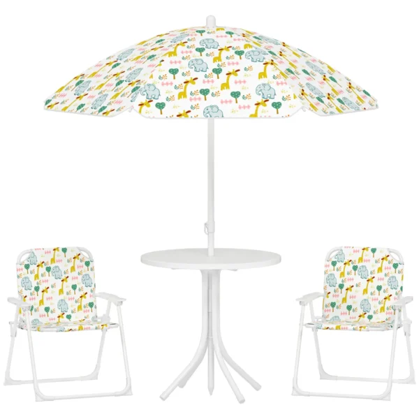 Garden Set for Children 2-5 Years with Round Table, 2 Folding Chairs and a Parasol, White