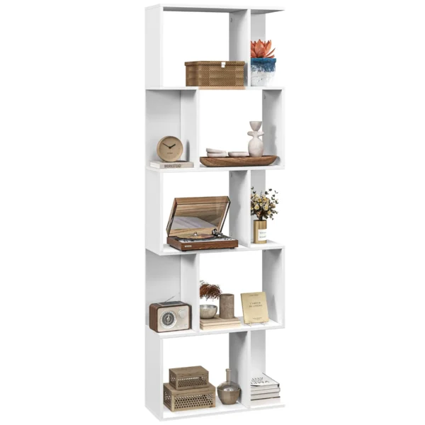 Wooden Bookcase Cabinet with 5 Shelves with Divider, 60x24x184.5 cm, White