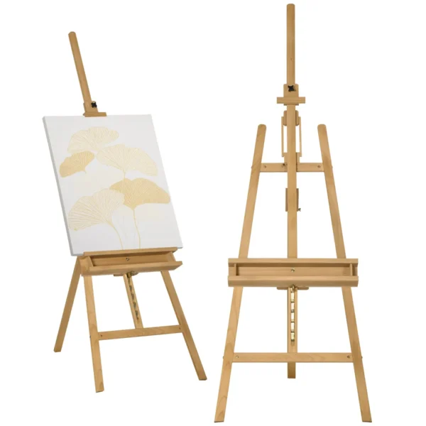 Folding Painting Easel in Beech with Adjustable Height and Angle, 65x110x180-235 cm