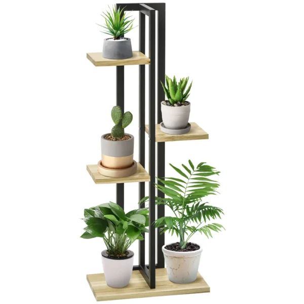 Industrial Style 4-Tier Plant Rack in Fir Wood and Metal, 45x25x110 cm, Black and Wood Color