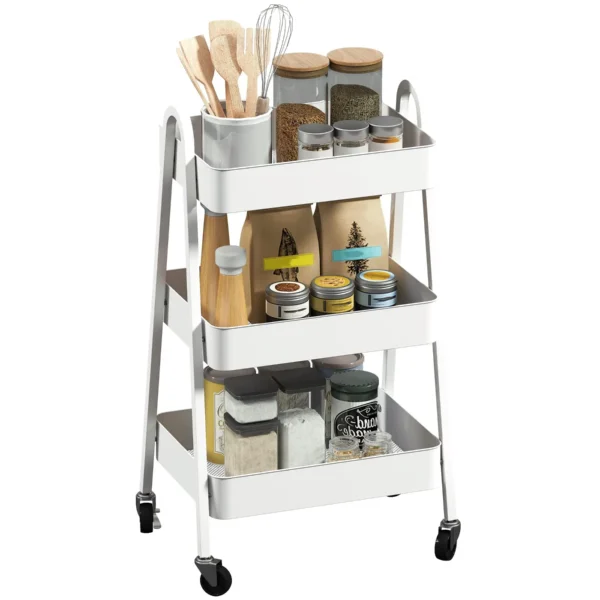 Multipurpose 3-Tier Kitchen Trolley, Swivel Wheels with Brake and Handles, White