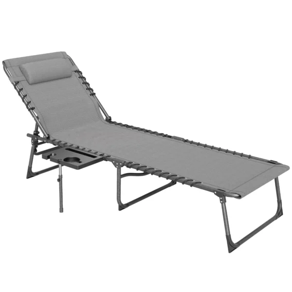 Folding and Reclining Garden Deckchair with 5 Levels with Side Table and Pocket, 60x190x31 cm, Gray and Black