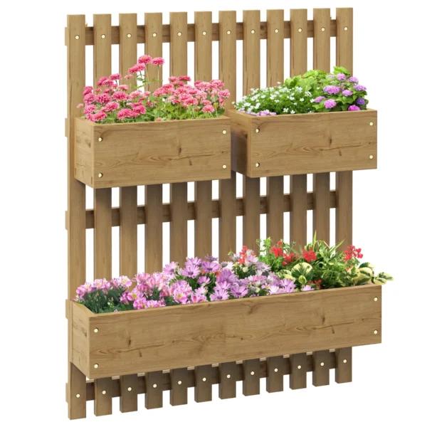 Vertical Slatted Planter with 3 Removable Pots, in Fir Wood, 60x16x80 cm, Burnt Brown
