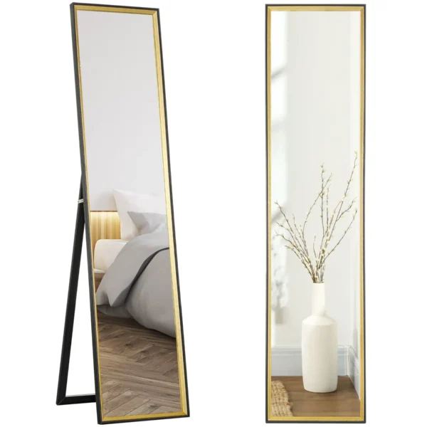 Full-Length Mirror with Back Support and Frame, in Wood and Glass, 37x3x157 cm, Black and Gold