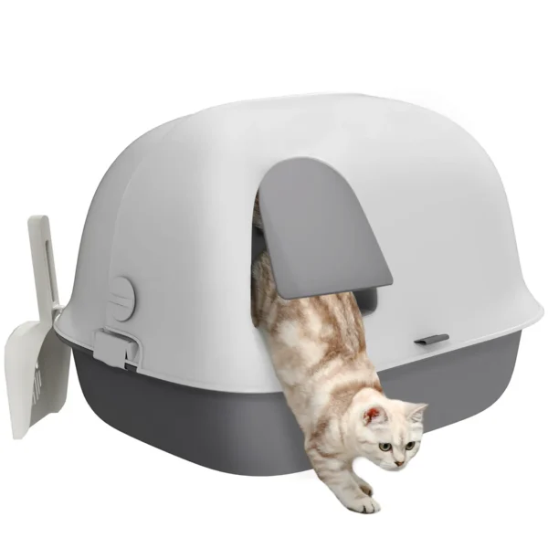 Closed Cat Litter Box with Cat Flap and Scoop, in PP, 58x46x39 cm, Light Gray and White