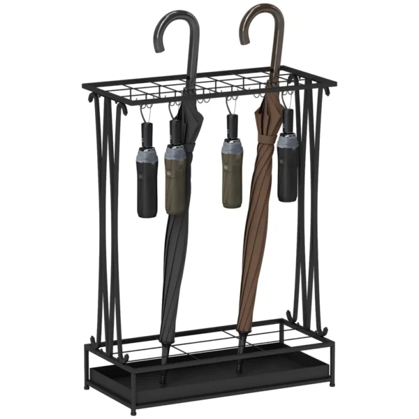 Umbrella Stand with Water Tray, 21 Holes and 24 Umbrella Hooks, Steel, 50x24x68 cm, Black