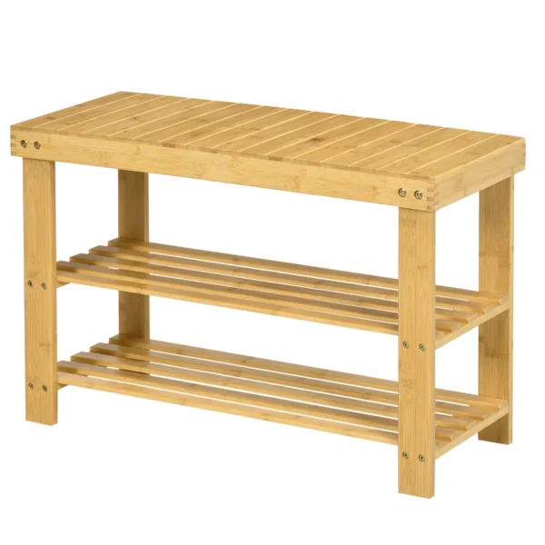 Low Bamboo Shoe Rack Bench with 2 Slatted Shelves and Seat, 70x28x45 cm, Natural