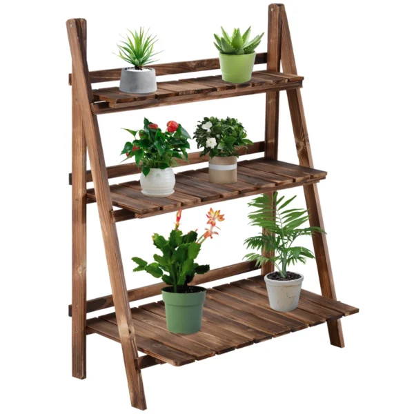 Folding Plant Stand in Fir Wood with 3 Tiers Outdoor Shelf for Plants Flower Racks 80x37x93cm