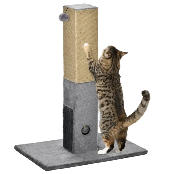 Scratching Post Tree for Cats with 2 Toy Balls and Brush, in Wood, Jute and Plush, 59.5x39x79 cm, Gray