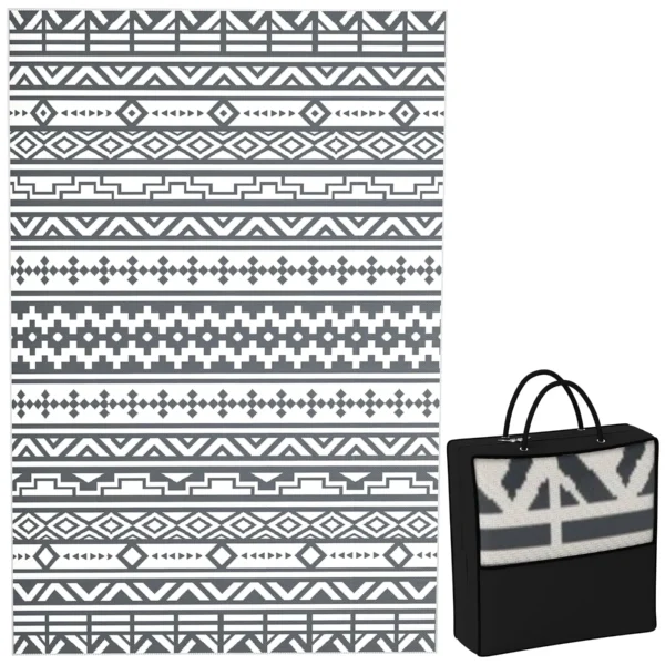 Reversible Outdoor Rug with Geometric Pattern and Bag Included, 182x274 cm, Gray and White